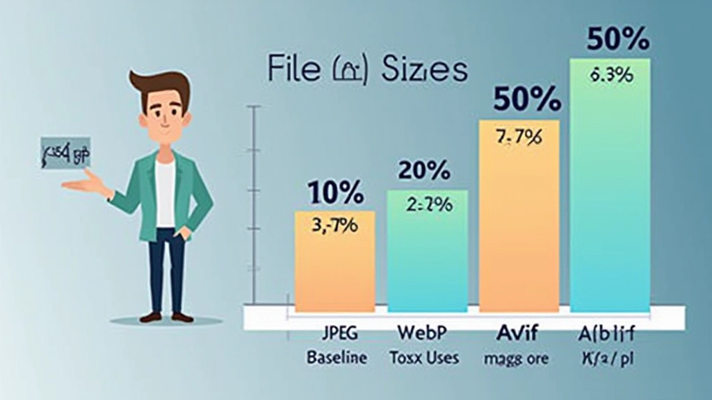 Graphique montrant la réduction de taille des fichiers image : JPEG à 100%, WebP à 65-70%, AVIF à 50% ou moins