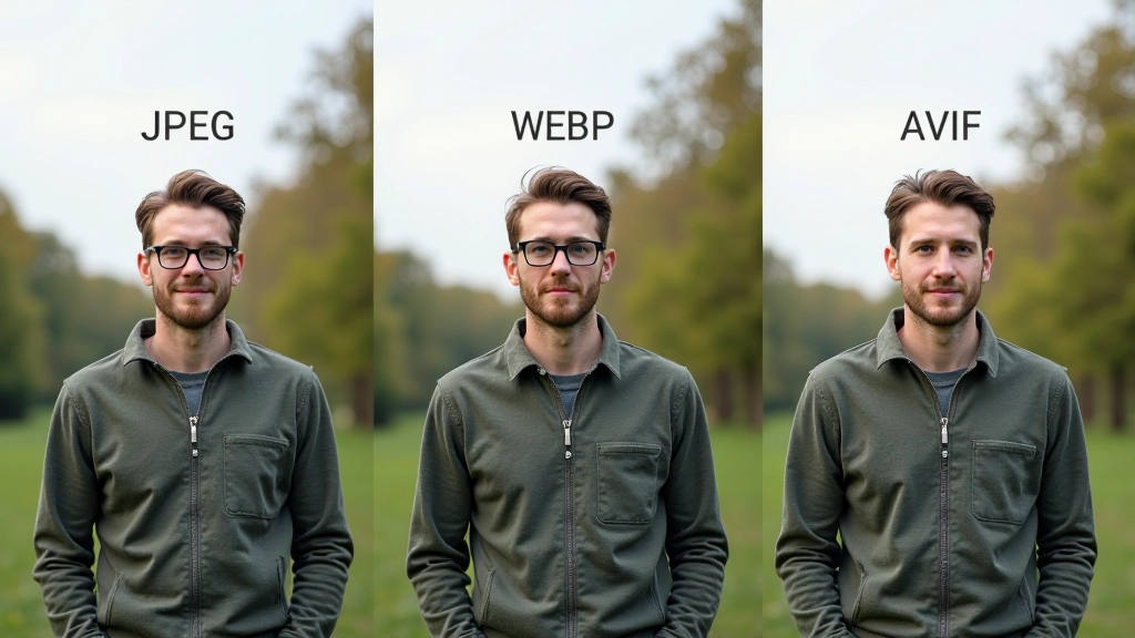 Comparaison côte à côte : image originale en JPEG, version WebP, version AVIF avec qualité réglée à 80%. Les trois images sont visuellement identiques, mêmes détails, mêmes couleurs